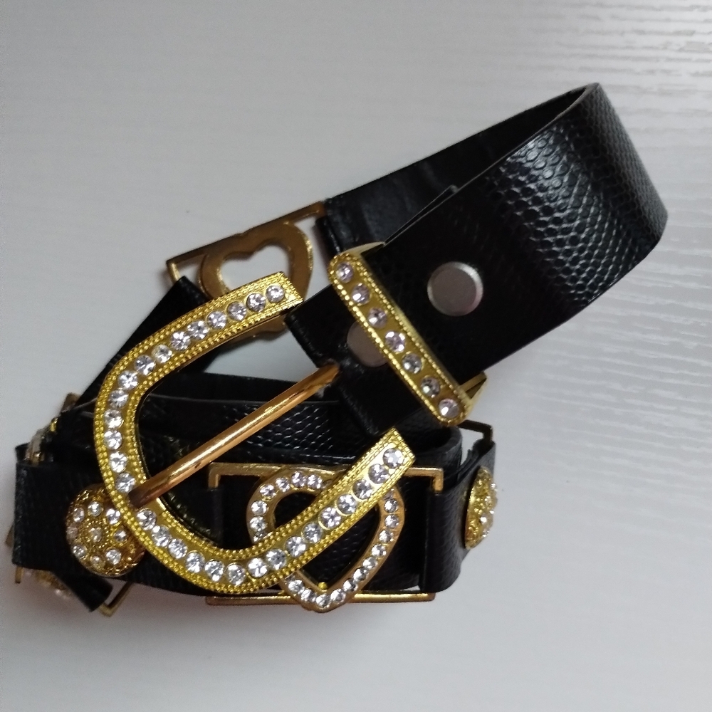 Elegant Black and Gold Belt with Rhinestone Accents